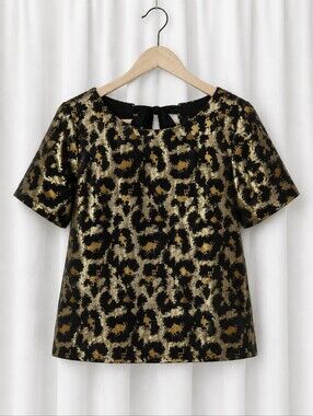 Anthropologie Hutch Metallic Leopard Jacquard Blouse Gold Black Statement Top